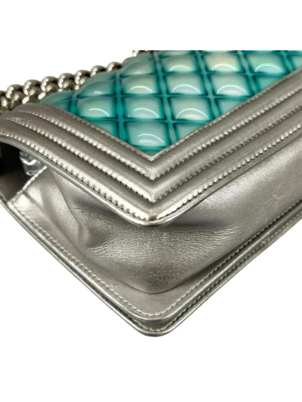 Chanel Boy Enamel Leather Lambskin Silver Light Blue Shoulder